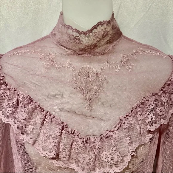 Vintage Victorian Edwardian Style Sheer Lavender Purple Lace Ruffle Blouse Size - Picture 3 of 9